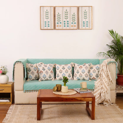 Quilted Sofa Cover & 5 Floral Cushion Cover Set – Aqua Blue | Modern Living Room Set
