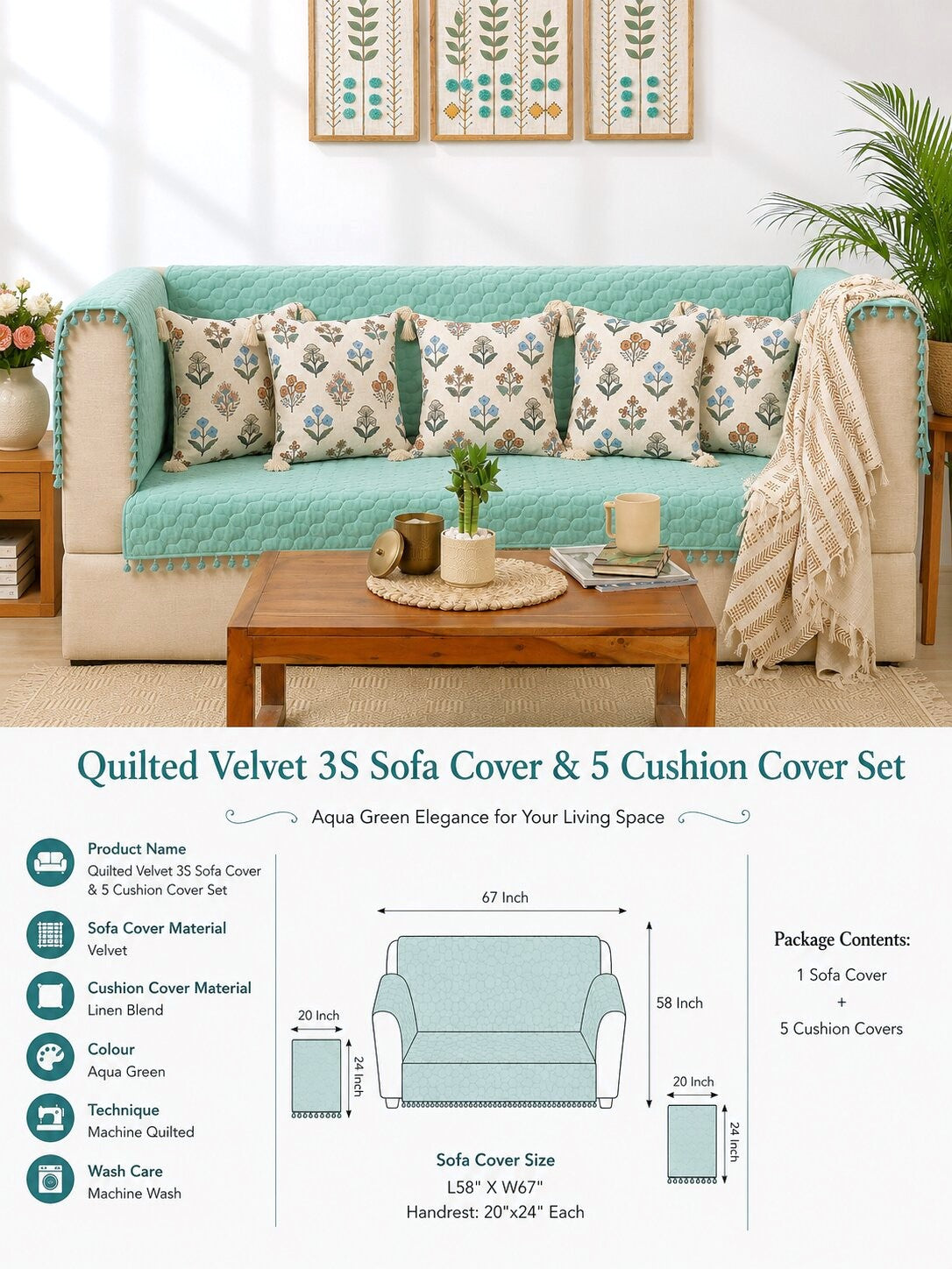 Quilted Sofa Cover & 5 Floral Cushion Cover Set – Aqua Blue | Modern Living Room Set