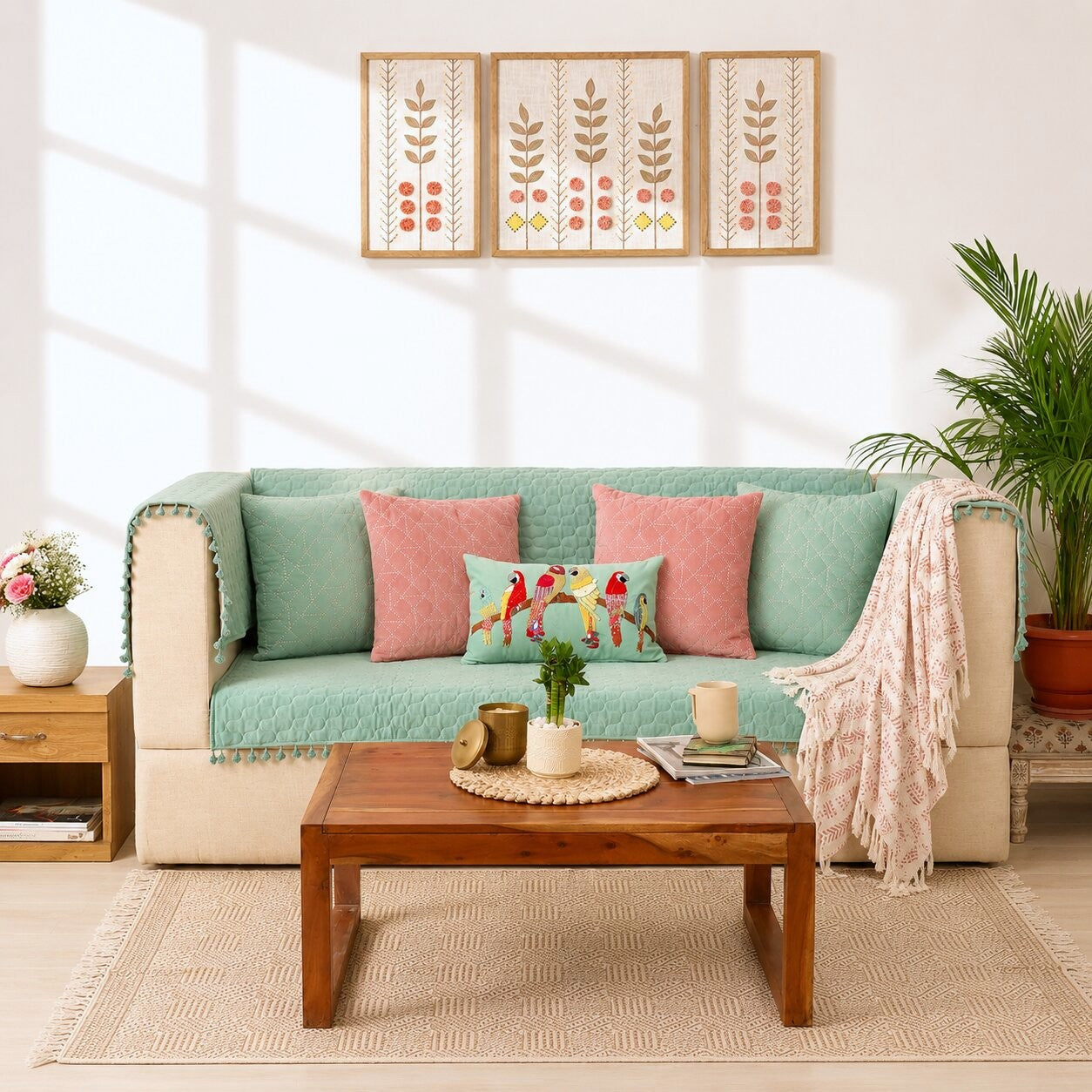 Quilted Sofa Cover & 5 Cushion Cover Set – Aqua Mint & Blush Pink | Velvet Furniture Protector