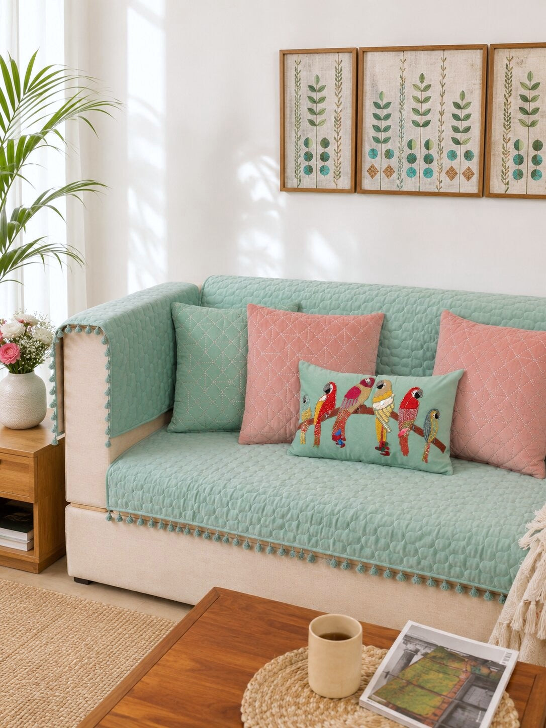 Quilted Sofa Cover & 5 Cushion Cover Set – Aqua Mint & Blush Pink | Velvet Furniture Protector