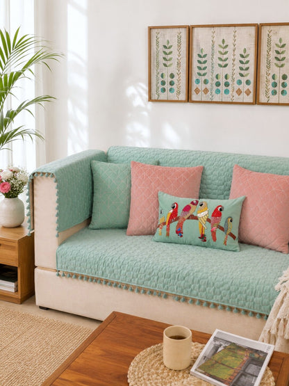 Quilted Sofa Cover & 5 Cushion Cover Set – Aqua Mint & Blush Pink | Velvet Furniture Protector