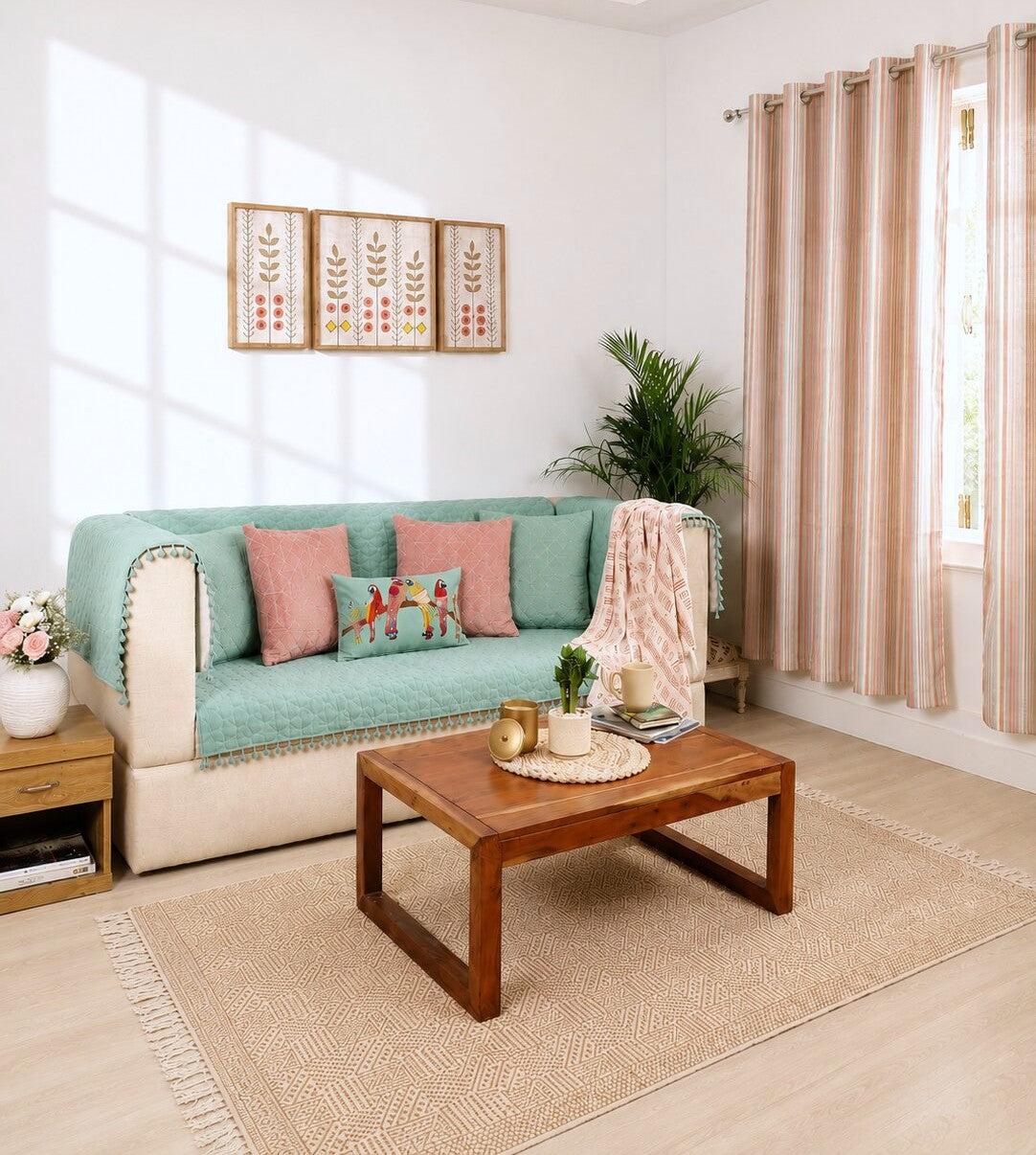 Quilted Sofa Cover & 5 Cushion Cover Set – Aqua Mint & Blush Pink | Velvet Furniture Protector