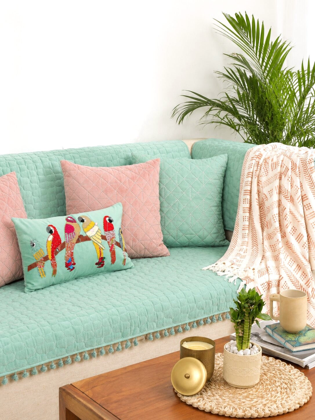 Quilted Sofa Cover & 5 Cushion Cover Set – Aqua Mint & Blush Pink | Velvet Furniture Protector