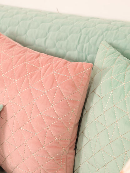 Quilted Sofa Cover & 5 Cushion Cover Set – Aqua Mint & Blush Pink | Velvet Furniture Protector