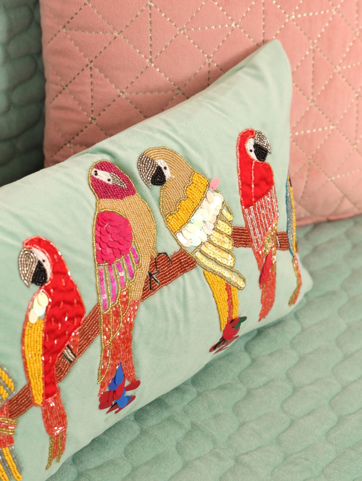 Quilted Sofa Cover & 5 Cushion Cover Set – Aqua Mint & Blush Pink | Velvet Furniture Protector