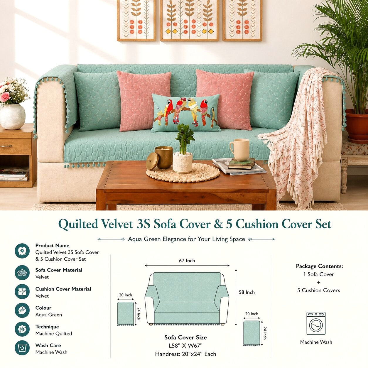 Quilted Sofa Cover & 5 Cushion Cover Set – Aqua Mint & Blush Pink | Velvet Furniture Protector