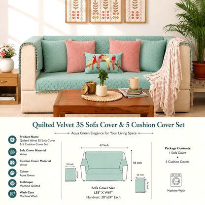 Quilted Sofa Cover & 5 Cushion Cover Set – Aqua Mint & Blush Pink | Velvet Furniture Protector