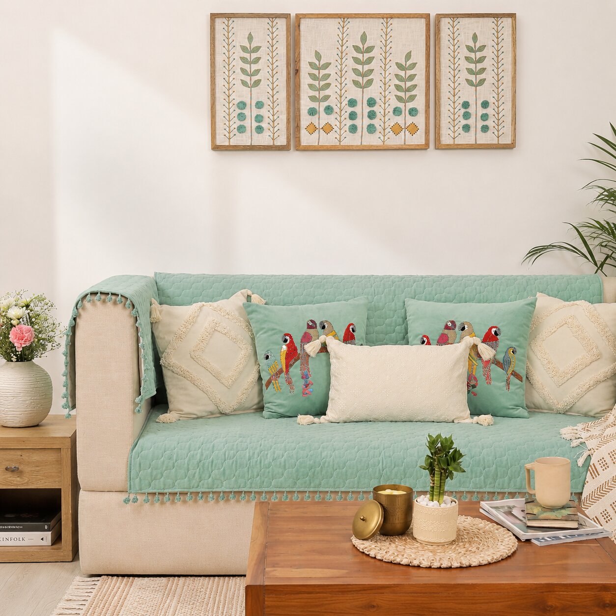 Quilted Sofa Cover & 5 Cushion Cover Set – Seafoam Green | Embroidered Bird Cushion Collection
