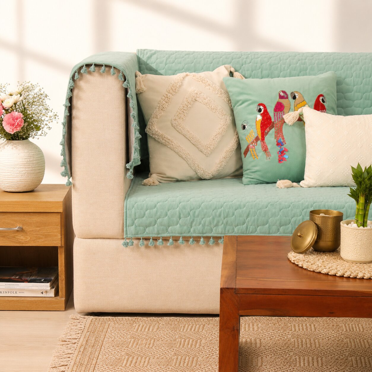 Quilted Sofa Cover & 5 Cushion Cover Set – Seafoam Green | Embroidered Bird Cushion Collection