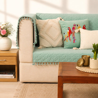 Quilted Sofa Cover & 5 Cushion Cover Set – Seafoam Green | Embroidered Bird Cushion Collection