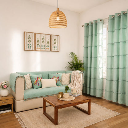 Quilted Sofa Cover & 5 Cushion Cover Set – Seafoam Green | Embroidered Bird Cushion Collection
