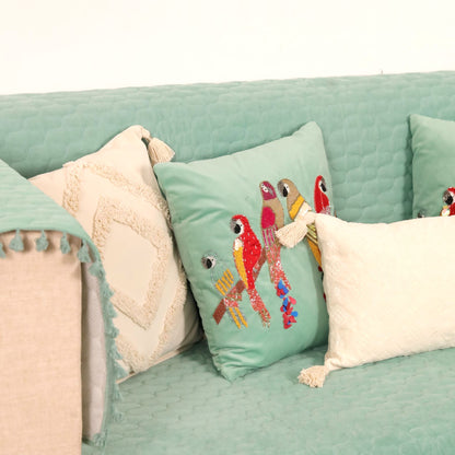 Quilted Sofa Cover & 5 Cushion Cover Set – Seafoam Green | Embroidered Bird Cushion Collection