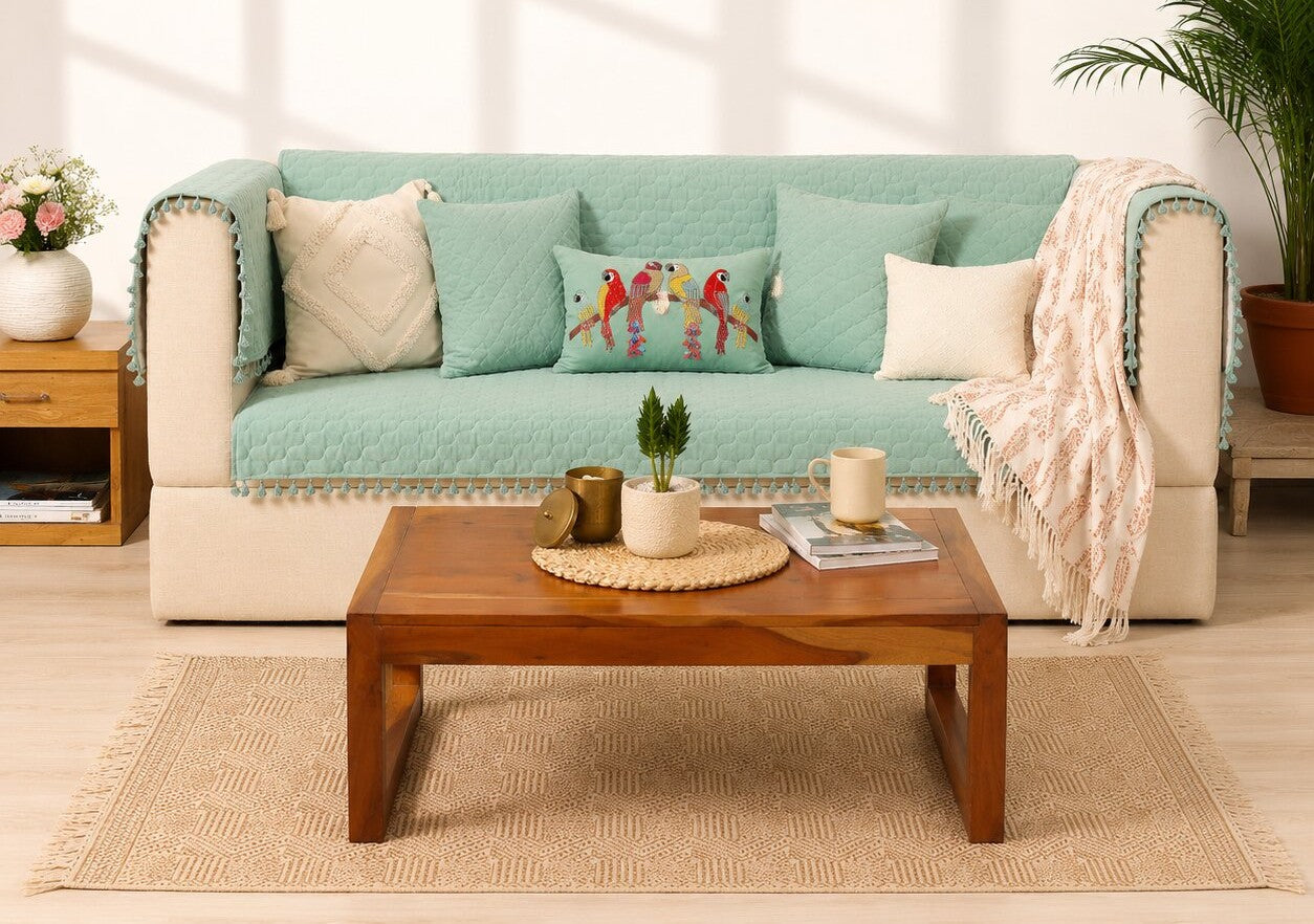 Quilted Sofa Cover & 5 Cushion Cover Set – Seafoam Green | Embroidered Bird Cushion Collection