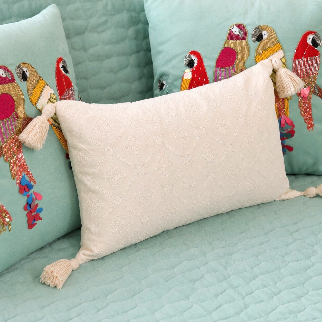 Quilted Sofa Cover & 5 Cushion Cover Set – Seafoam Green | Embroidered Bird Cushion Collection