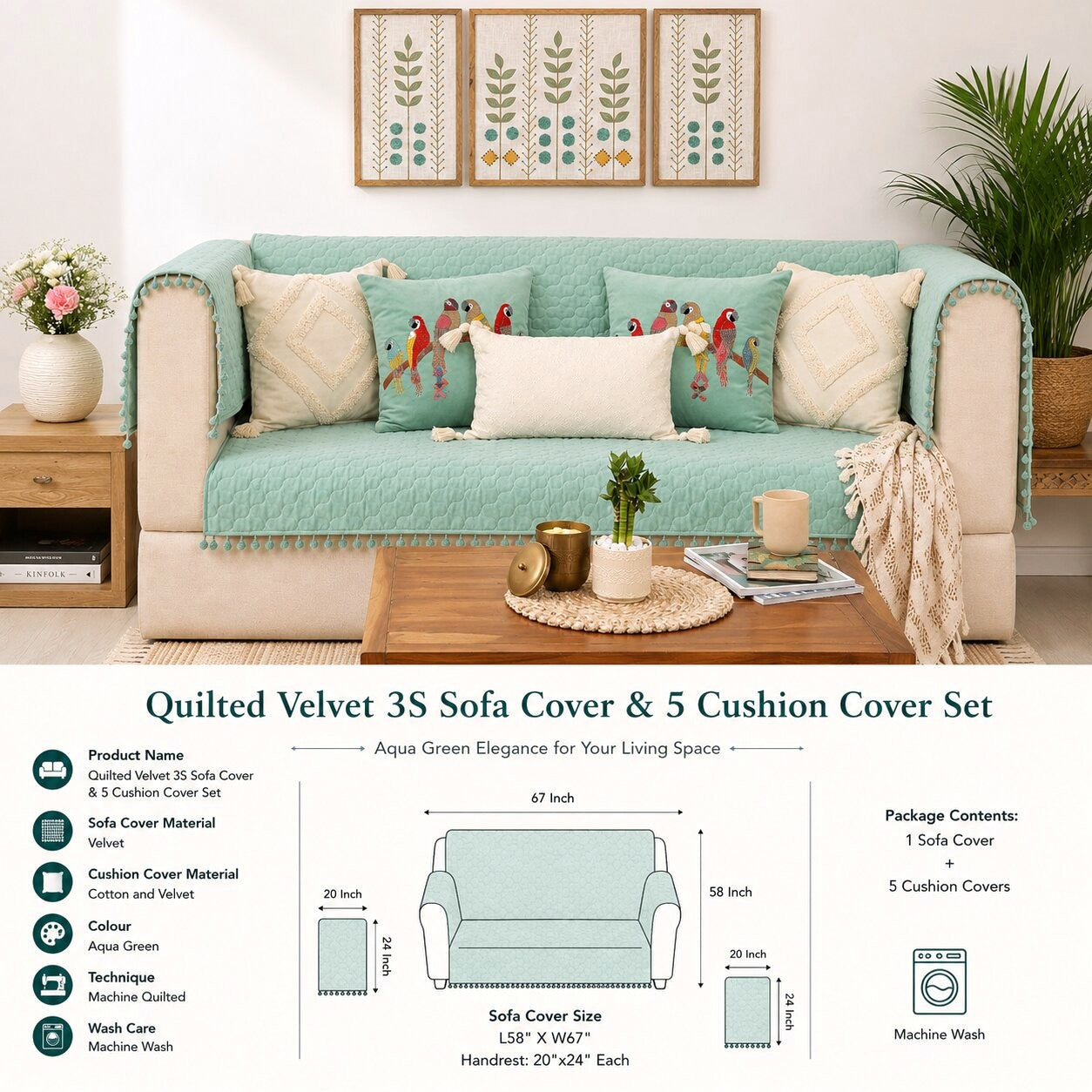Quilted Sofa Cover & 5 Cushion Cover Set – Seafoam Green | Embroidered Bird Cushion Collection