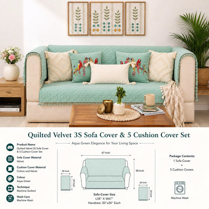 Quilted Sofa Cover & 5 Cushion Cover Set – Seafoam Green | Embroidered Bird Cushion Collection