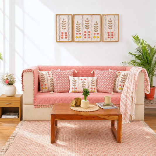 Pink Quilted Velvet 3 Seater Sofa Cover Set | Sofa Protector with 5 Cushion Covers