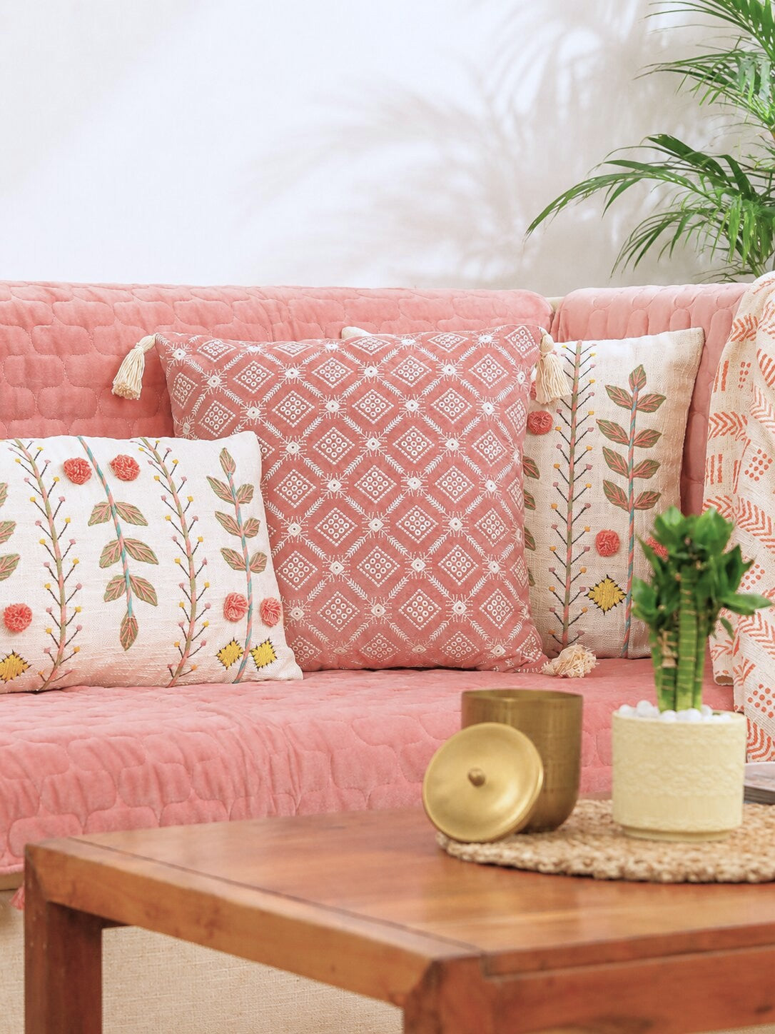 Pink Quilted Velvet 3 Seater Sofa Cover Set | Sofa Protector with 5 Cushion Covers