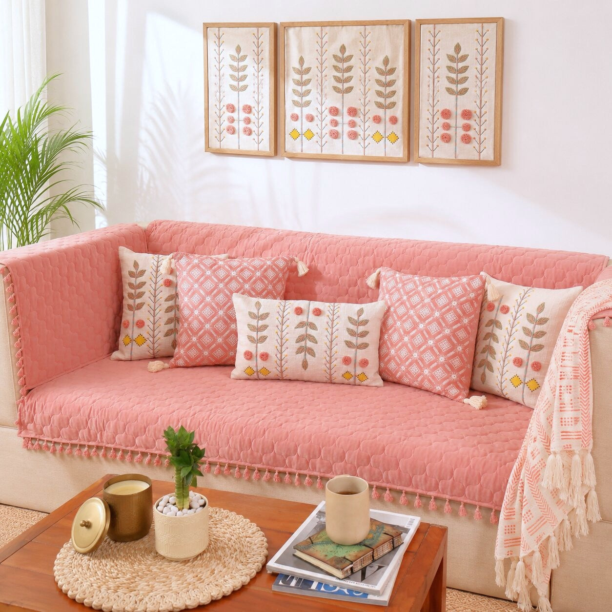 Pink Quilted Velvet 3 Seater Sofa Cover Set | Sofa Protector with 5 Cushion Covers