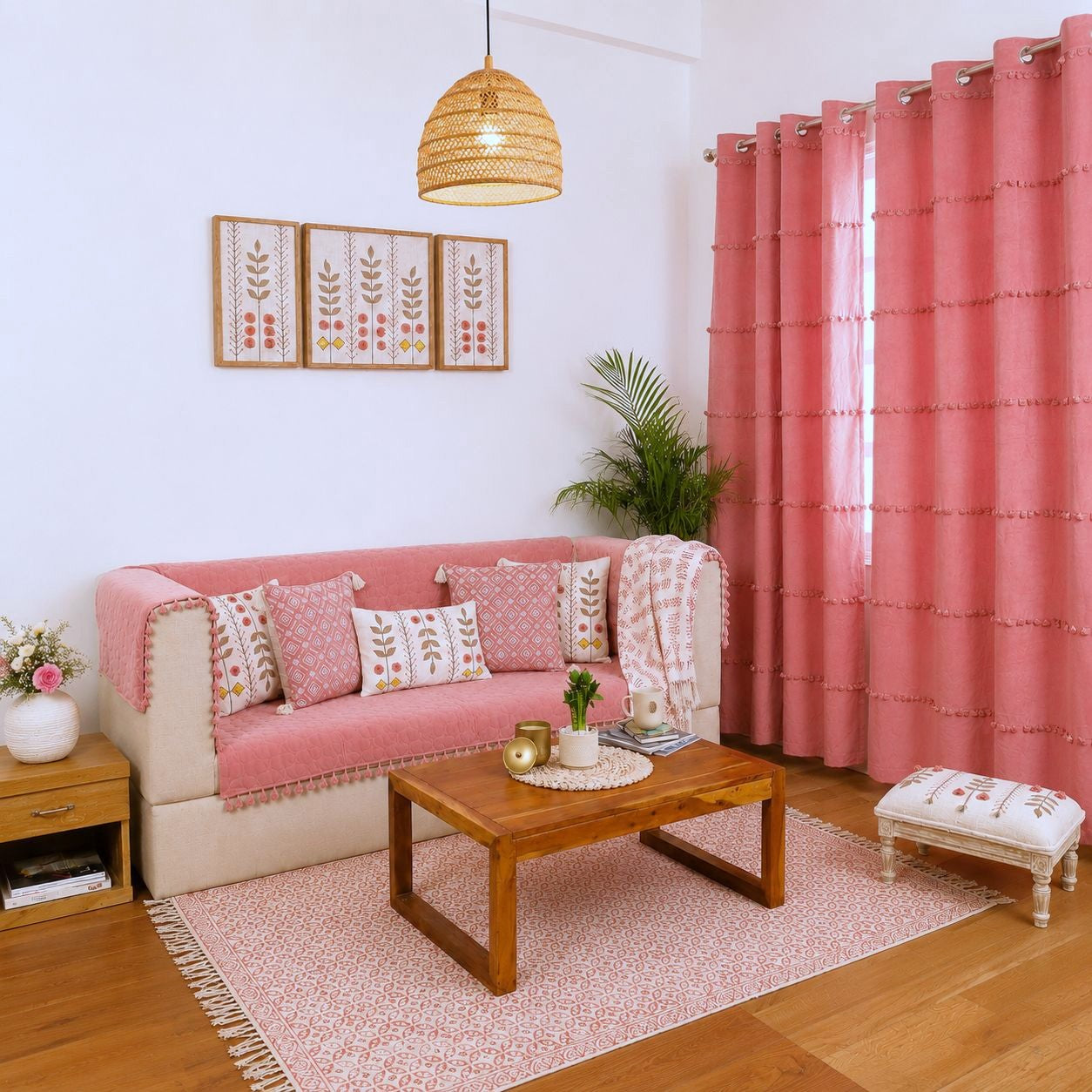 Pink Quilted Velvet 3 Seater Sofa Cover Set | Sofa Protector with 5 Cushion Covers