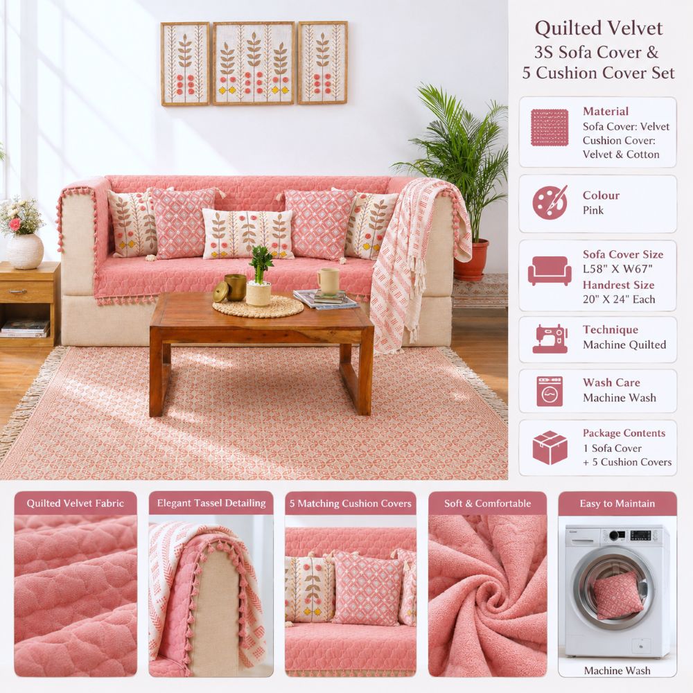 Pink Quilted Velvet 3 Seater Sofa Cover Set | Sofa Protector with 5 Cushion Covers