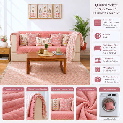 Pink Quilted Velvet 3 Seater Sofa Cover Set | Sofa Protector with 5 Cushion Covers