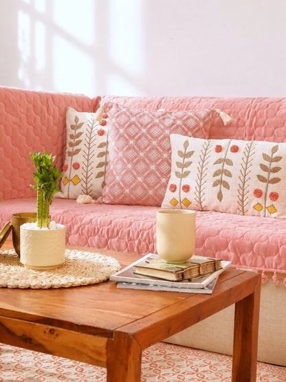 Pink Quilted Velvet 3 Seater Sofa Cover Set | Sofa Protector with 5 Cushion Covers