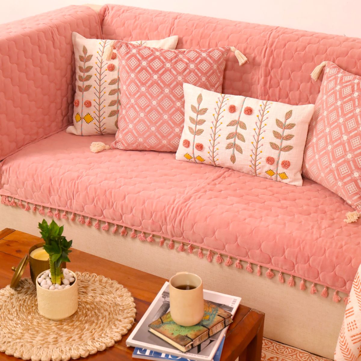 Pink Quilted Velvet 3 Seater Sofa Cover Set | Sofa Protector with 5 Cushion Covers