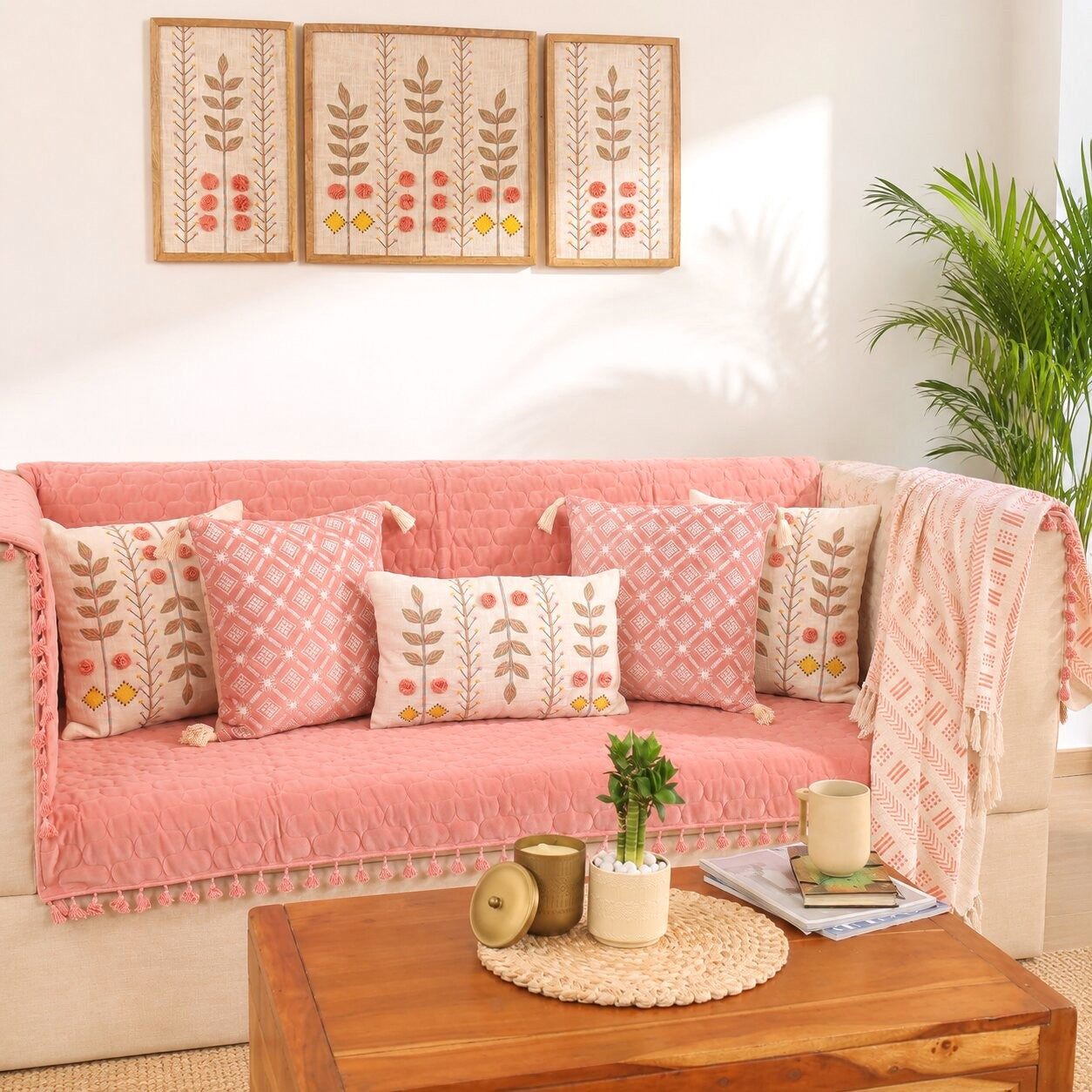 Pink Quilted Velvet 3 Seater Sofa Cover Set | Sofa Protector with 5 Cushion Covers