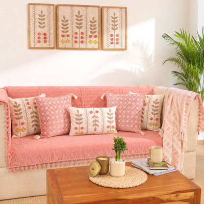 Pink Quilted Velvet 3 Seater Sofa Cover Set | Sofa Protector with 5 Cushion Covers