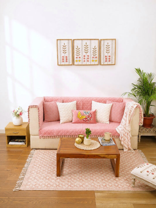 Pink Quilted Velvet Sofa Cover Set | 3 Seater Sofa Cover with 5 Cushion Covers