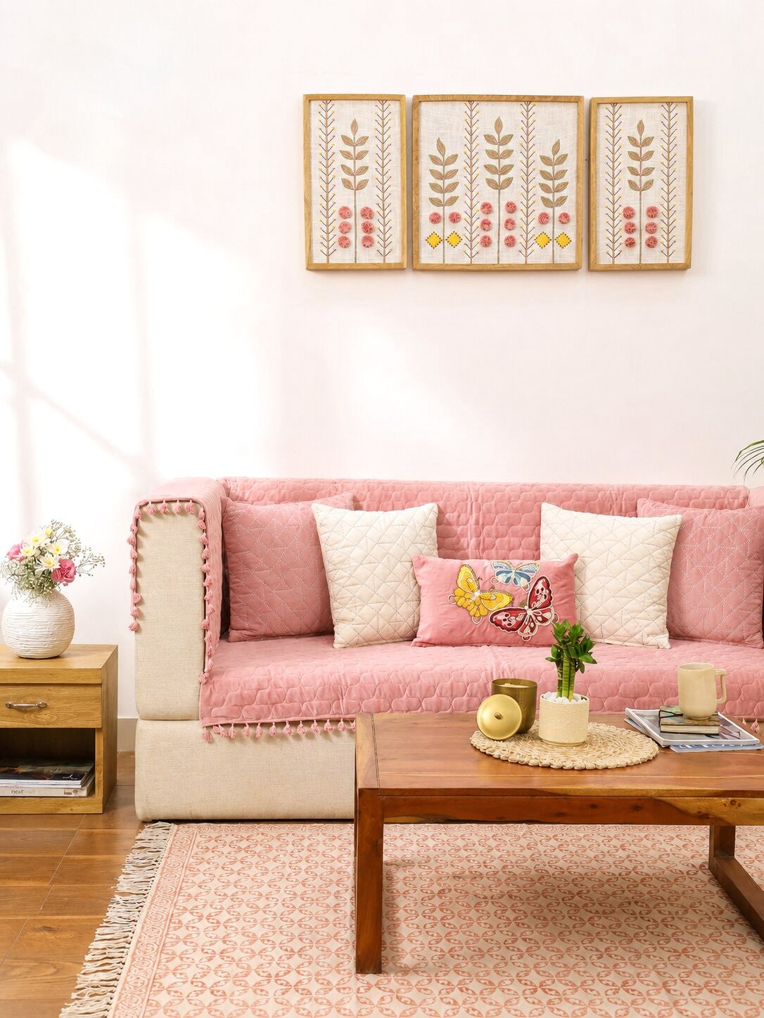 Pink Quilted Velvet Sofa Cover Set | 3 Seater Sofa Cover with 5 Cushion Covers