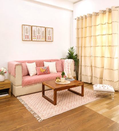 Pink Quilted Velvet Sofa Cover Set | 3 Seater Sofa Cover with 5 Cushion Covers