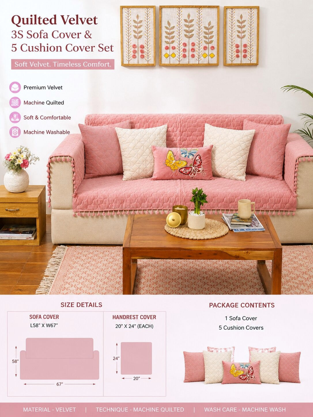 Pink Quilted Velvet Sofa Cover Set | 3 Seater Sofa Cover with 5 Cushion Covers