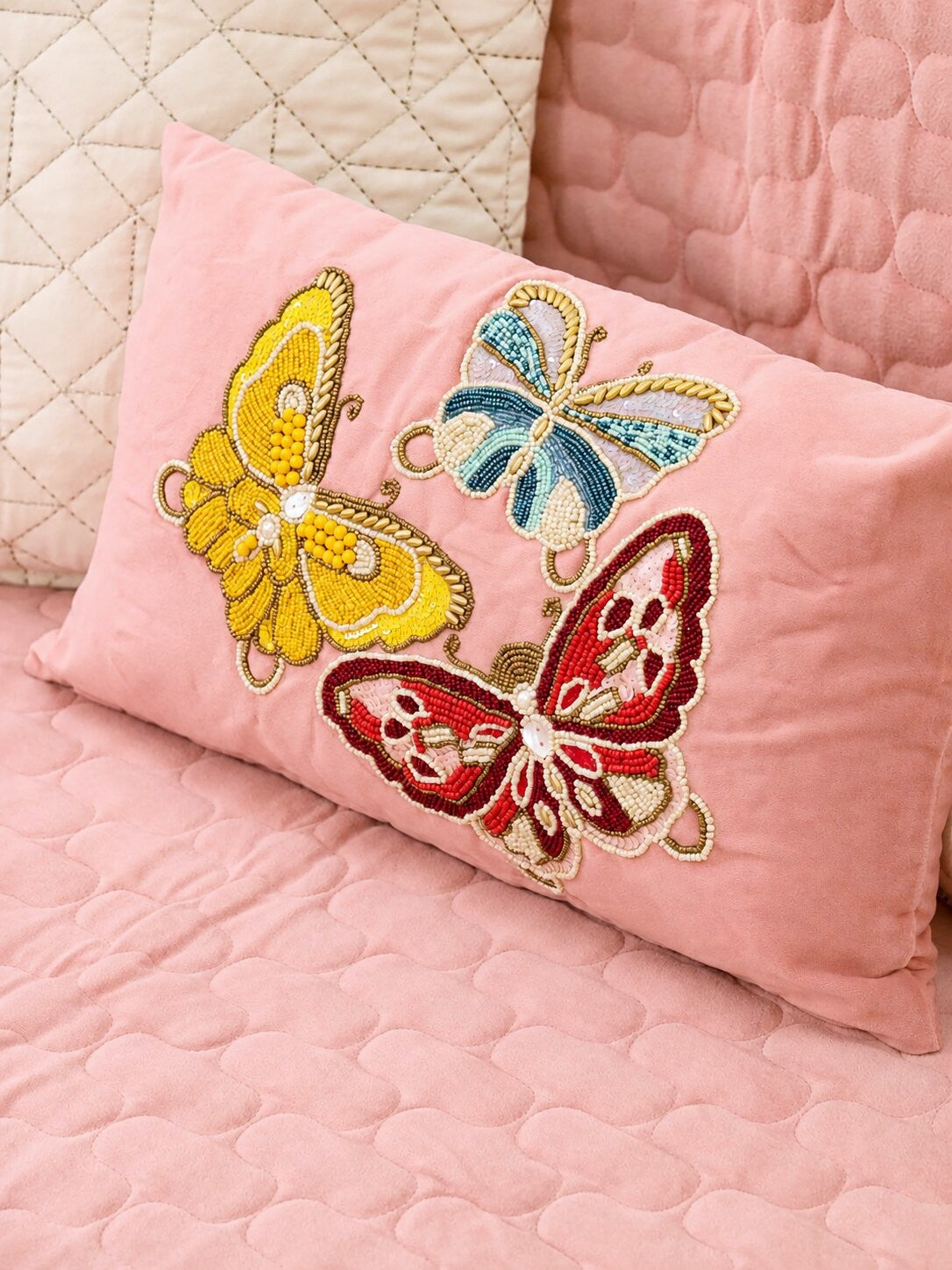 Pink Quilted Velvet Sofa Cover Set | 3 Seater Sofa Cover with 5 Cushion Covers
