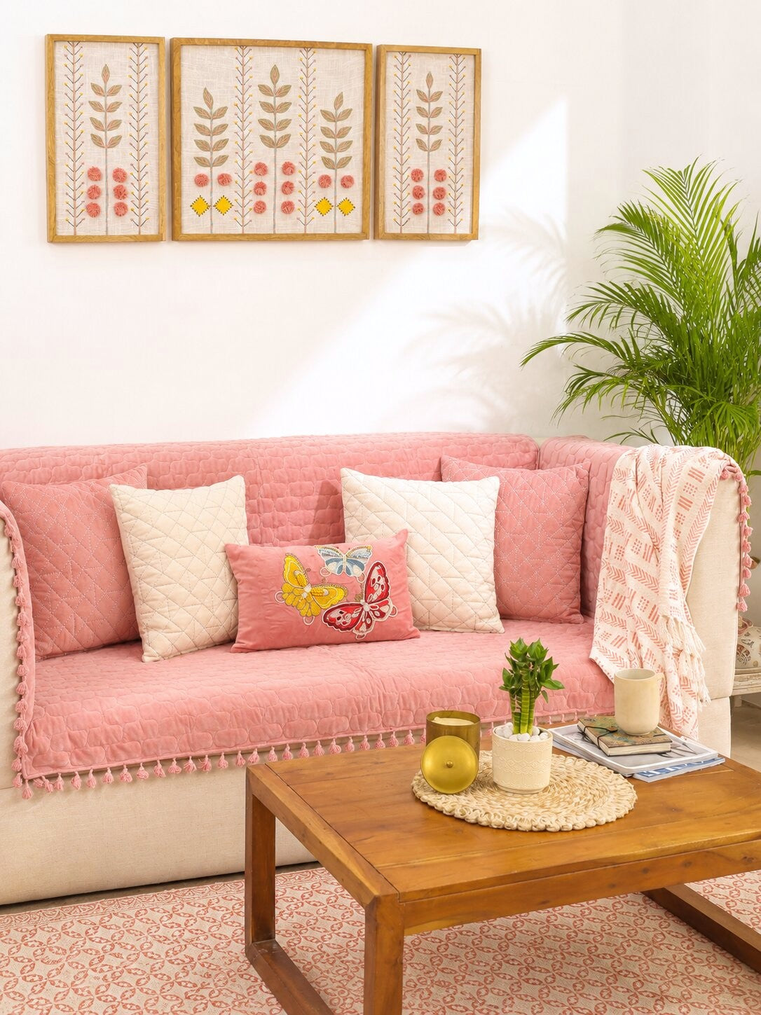 Pink Quilted Velvet Sofa Cover Set | 3 Seater Sofa Cover with 5 Cushion Covers