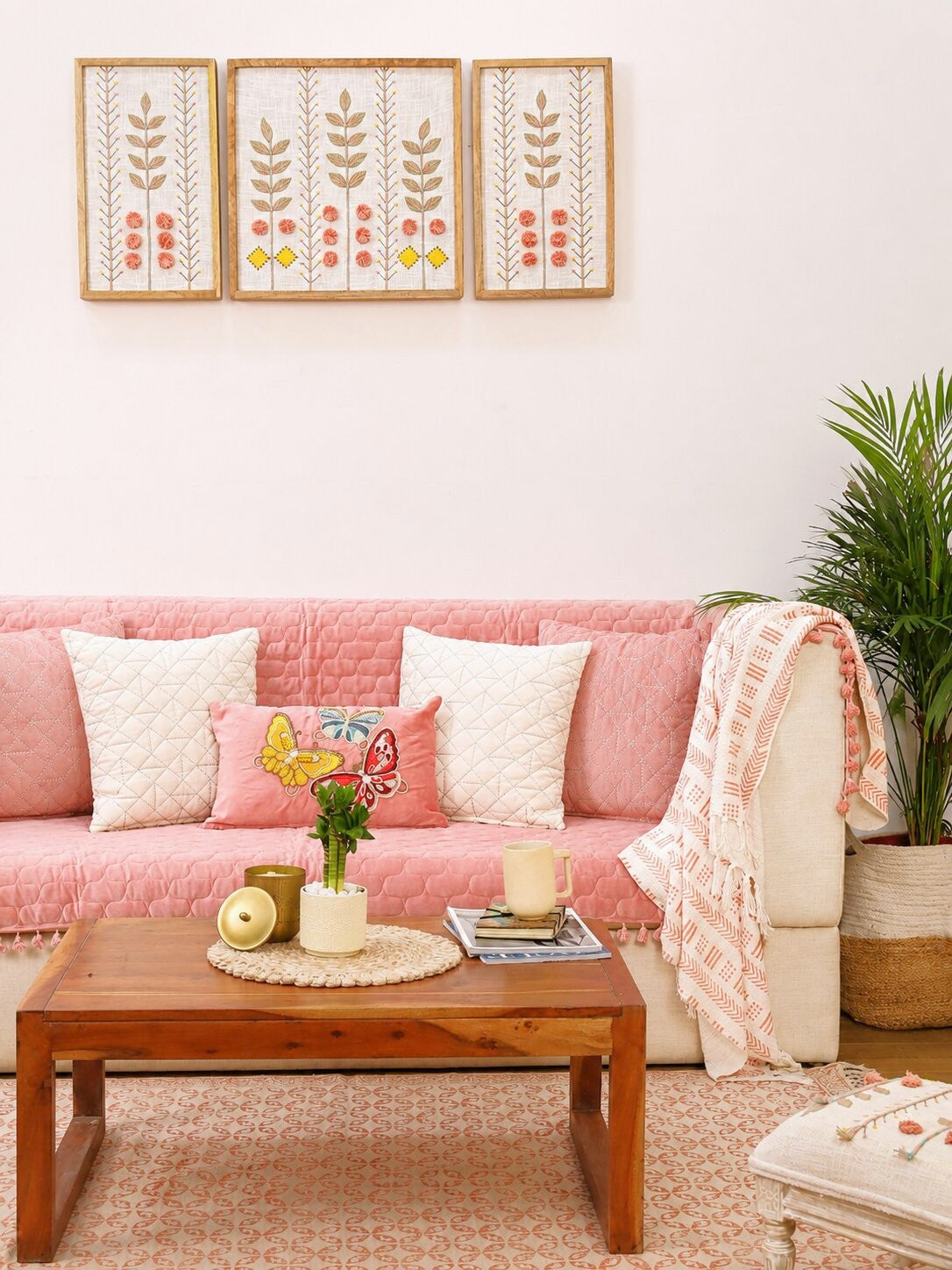 Pink Quilted Velvet Sofa Cover Set | 3 Seater Sofa Cover with 5 Cushion Covers