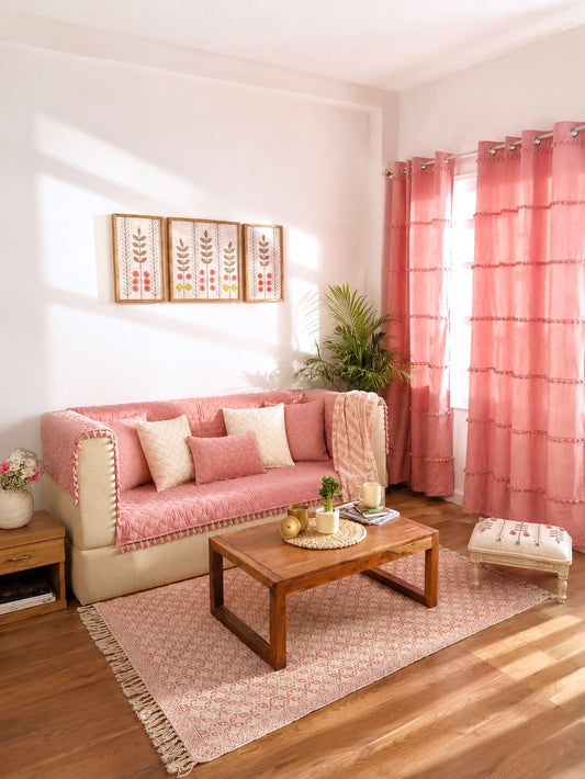Pink Quilted Velvet Sofa Cover Set | 3 Seater Sofa Cover with 5 Cushion Covers