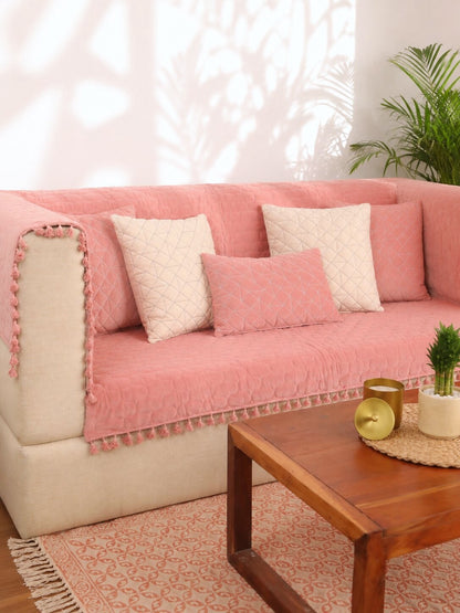 Pink Quilted Velvet Sofa Cover Set | 3 Seater Sofa Cover with 5 Cushion Covers