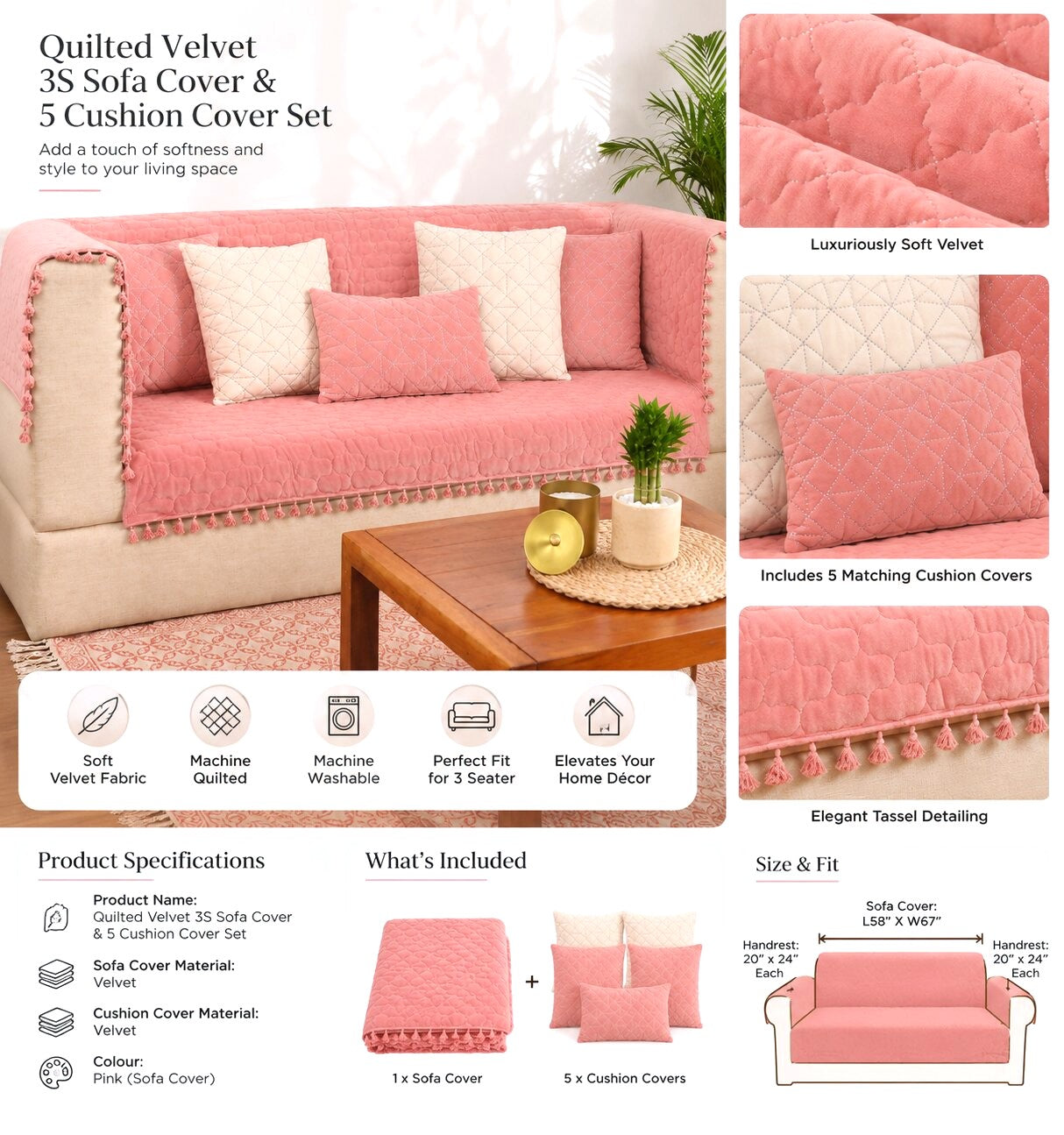 Pink Quilted Velvet Sofa Cover Set | 3 Seater Sofa Cover with 5 Cushion Covers