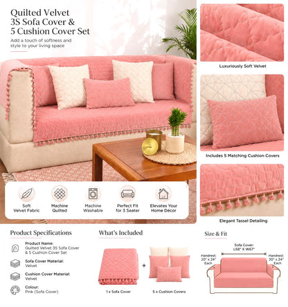 Pink Quilted Velvet Sofa Cover Set | 3 Seater Sofa Cover with 5 Cushion Covers