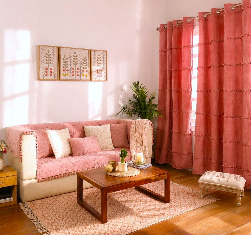Pink Quilted Velvet Sofa Cover Set | 3 Seater Sofa Cover with 5 Cushion Covers