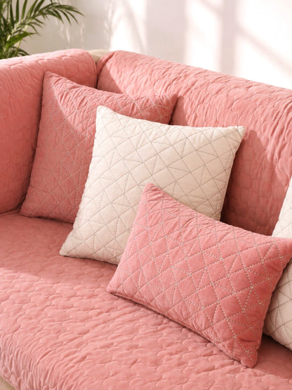 Pink Quilted Velvet Sofa Cover Set | 3 Seater Sofa Cover with 5 Cushion Covers