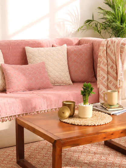 Pink Quilted Velvet Sofa Cover Set | 3 Seater Sofa Cover with 5 Cushion Covers