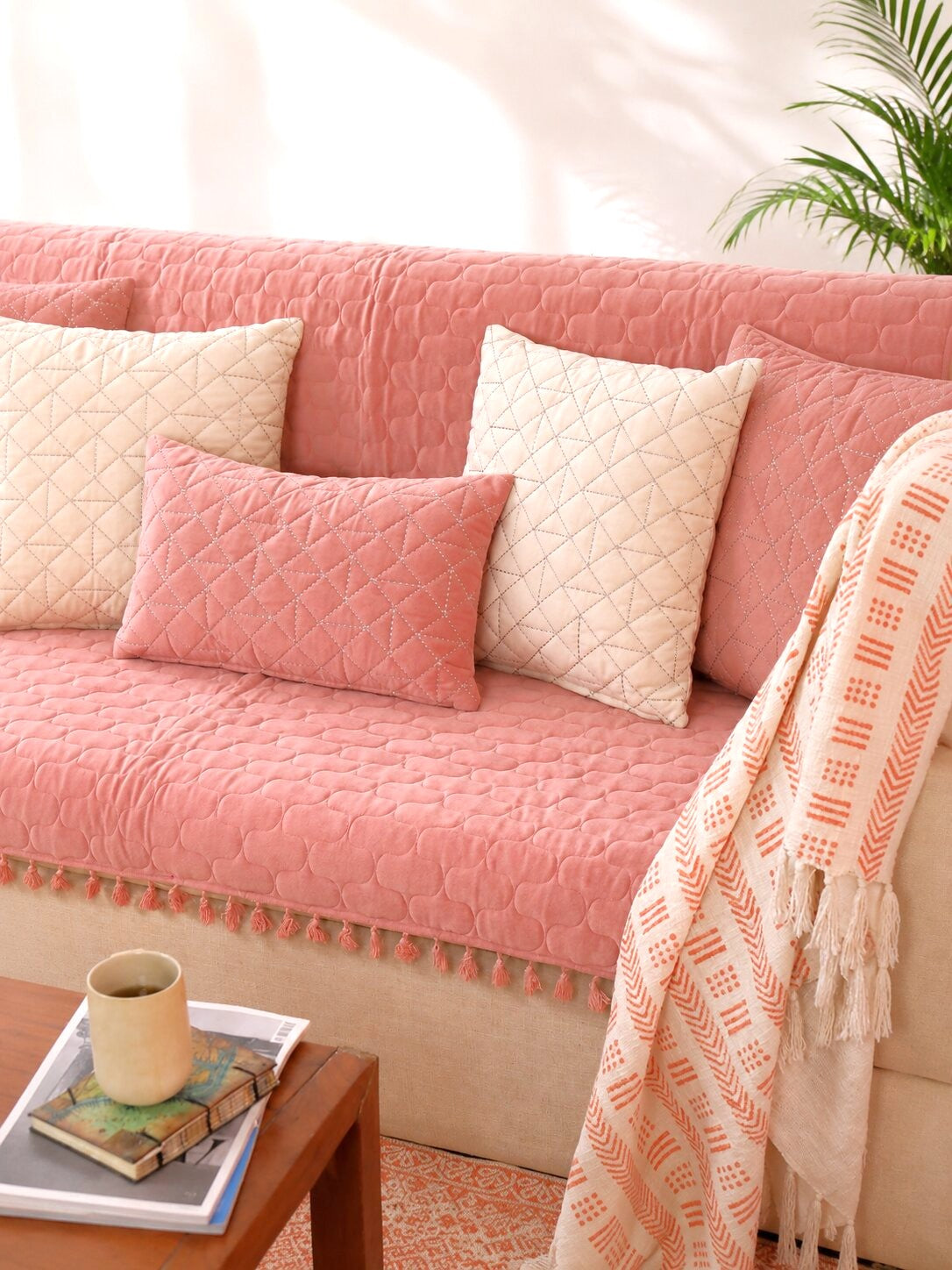 Pink Quilted Velvet Sofa Cover Set | 3 Seater Sofa Cover with 5 Cushion Covers