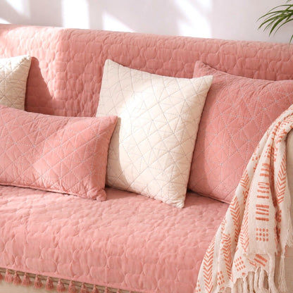 Pink Quilted Velvet Sofa Cover Set | 3 Seater Sofa Cover with 5 Cushion Covers