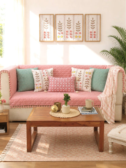 Pink Quilted Velvet Sofa Cover Set | 3 Seater Sofa Cover with Designer Cushion Covers