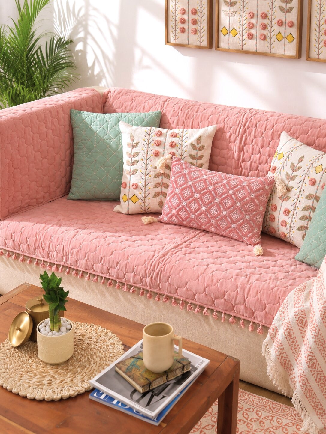 Pink Quilted Velvet Sofa Cover Set | 3 Seater Sofa Cover with Designer Cushion Covers