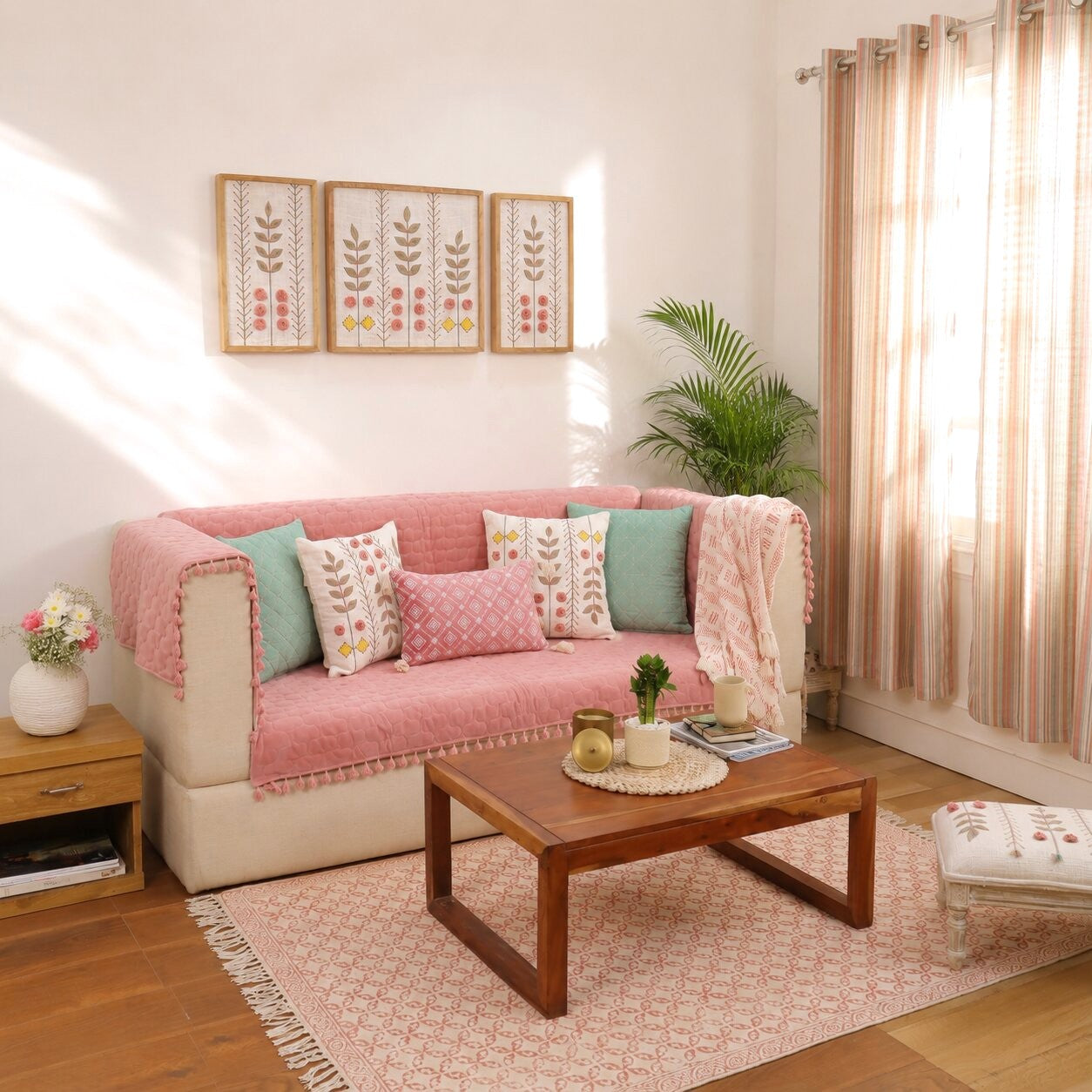 Pink Quilted Velvet Sofa Cover Set | 3 Seater Sofa Cover with Designer Cushion Covers