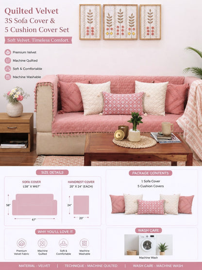 Pink Quilted Velvet Sofa Cover Set | 3 Seater Sofa Cover with 5 Cushion Covers